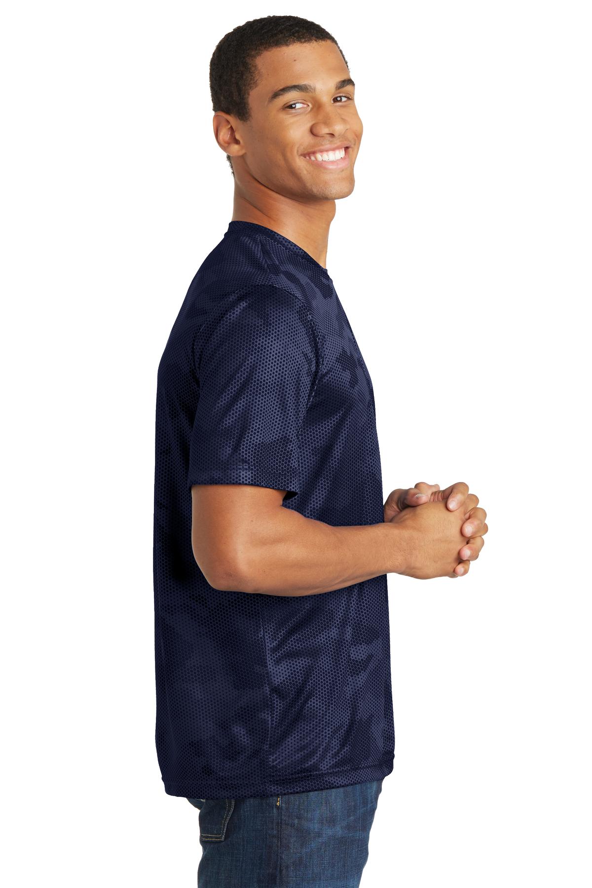 Right View of True Navy Sport-Tek CamoHex Tee. ST370 plain