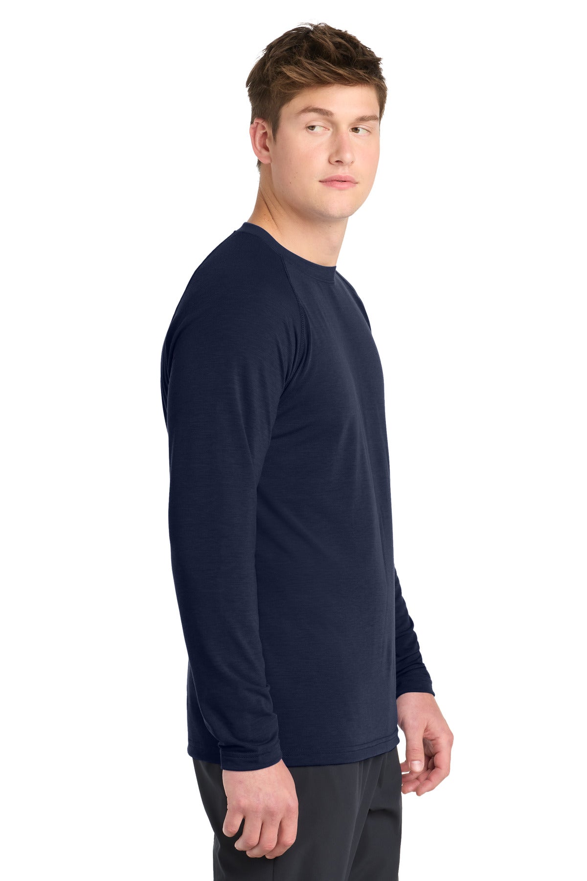 Right View of True Navy Sport-Tek Long Sleeve Ultimate Performance Crew. ST700LS plain