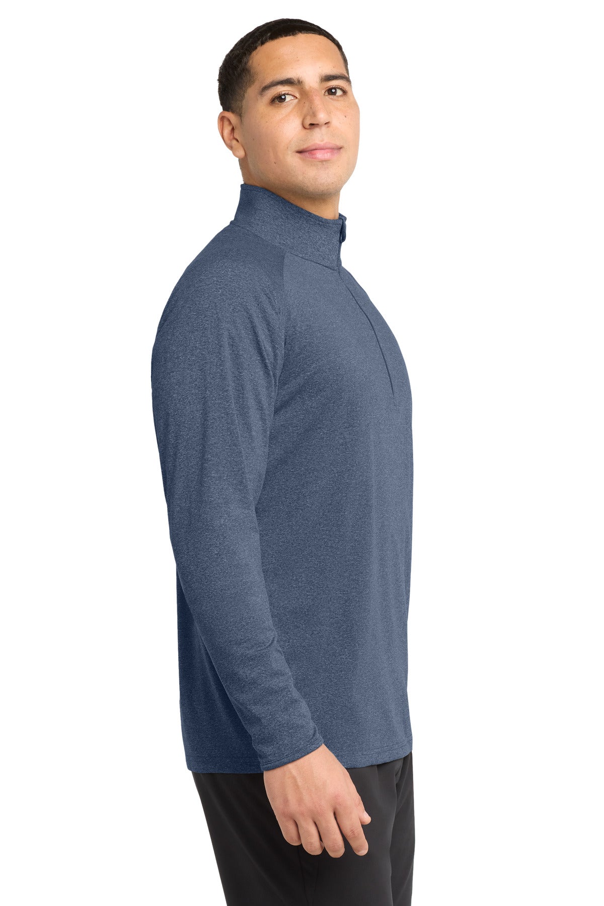 Right View of True Nvy Hthr Sport-Tek Sport-Wick Stretch 1/4-Zip Pullover. ST850 plain