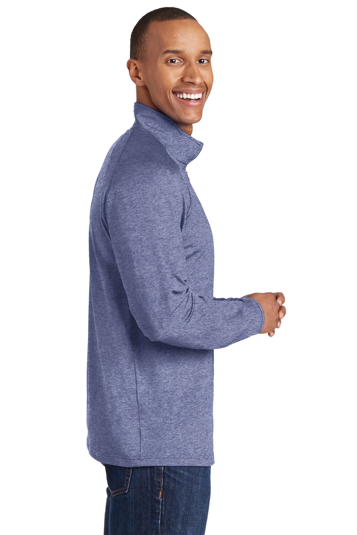 Right View of True Nvy Hthr Sport-Tek Tall Sport-Wick Stretch 1/4-Zip Pullover. TST850 plain