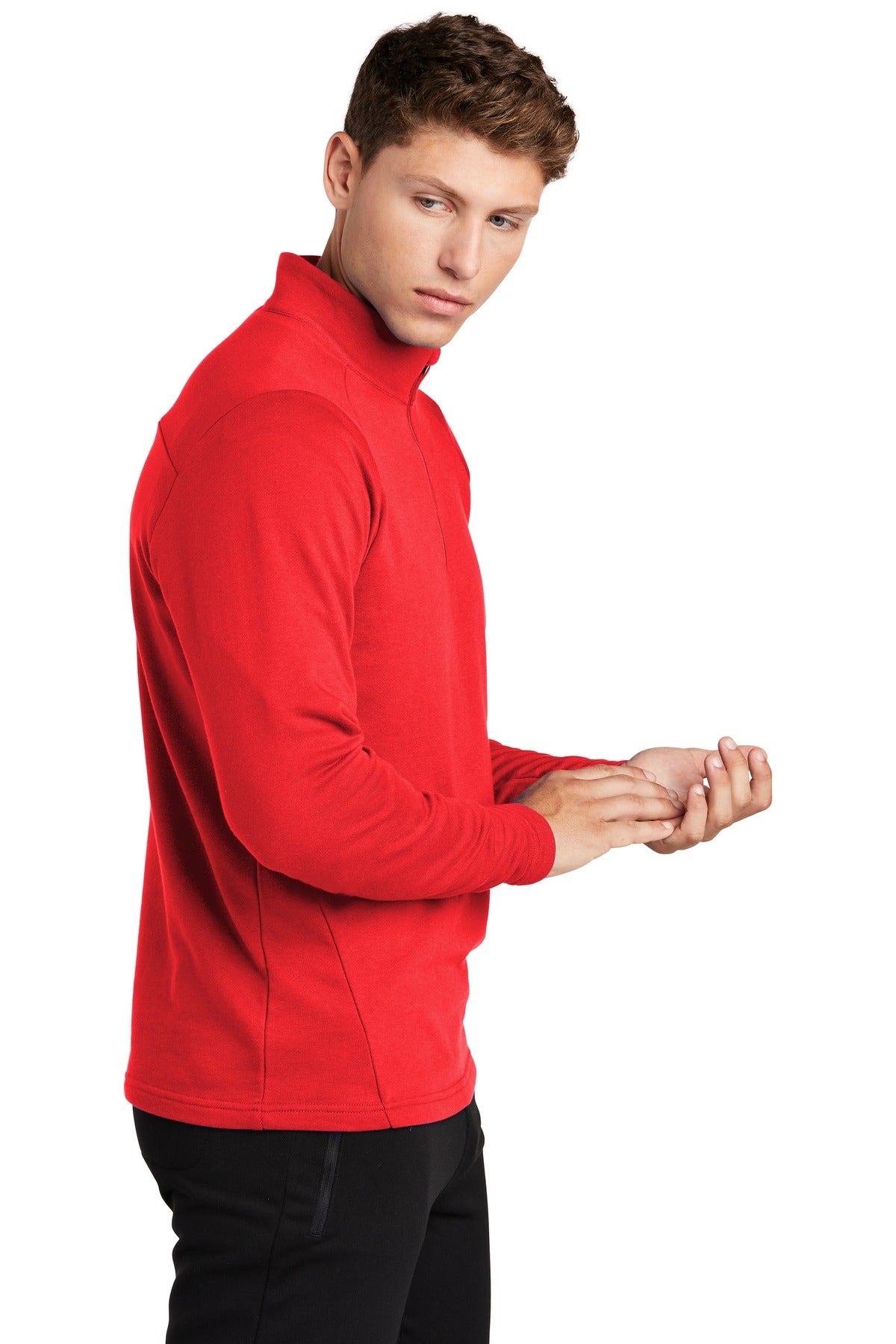 Right View of True Red Sport-Tek Lightweight French Terry 1/4-Zip Pullover. ST273 plain