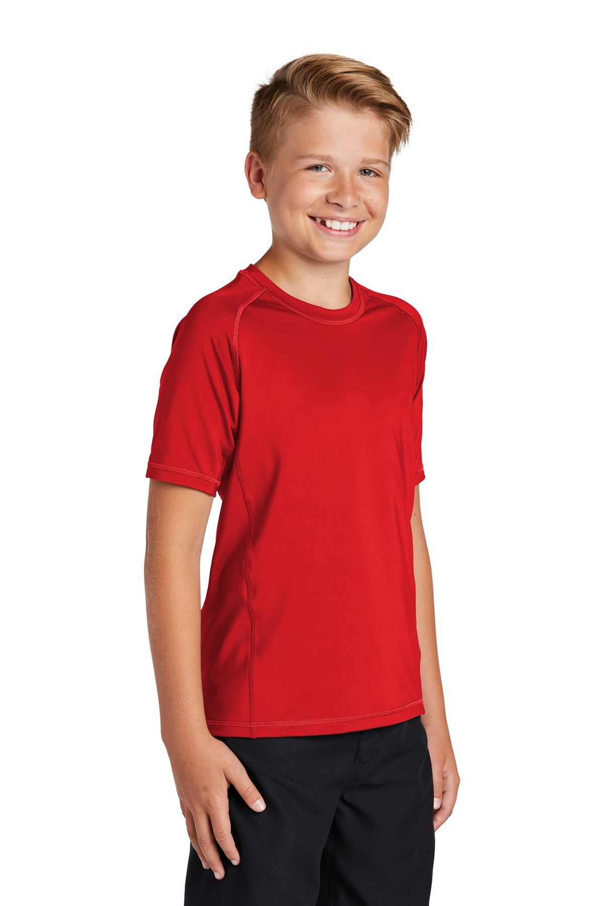 Right View of True Red Sport-Tek Youth Rashguard Tee. YST470 plain