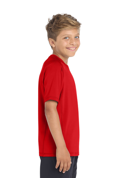 Right View of True Red Sport-Tek Youth Rashguard Tee. YST470 plain