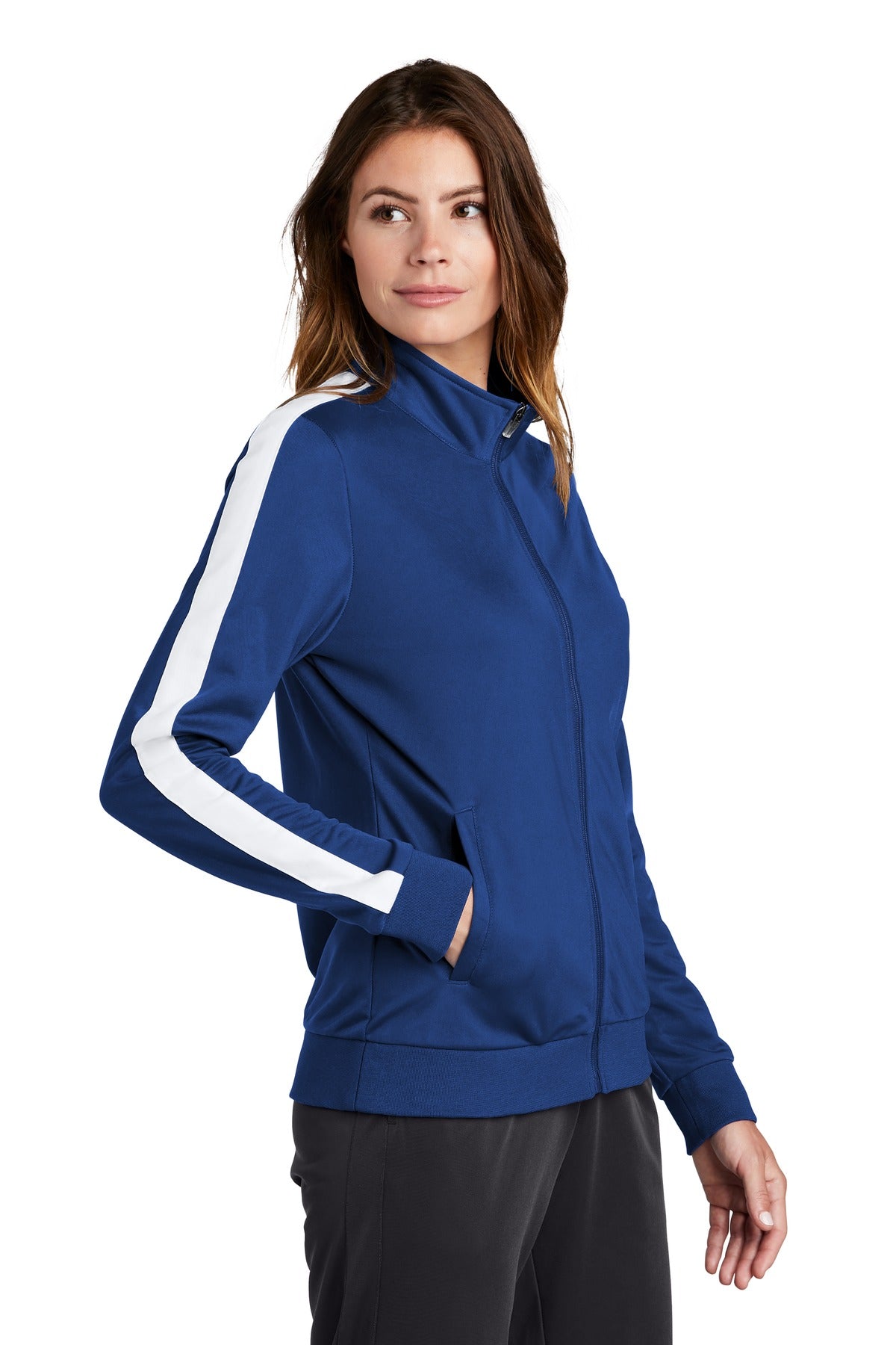 Right View of True Royal/Wht Sport-Tek Ladies Tricot Sleeve Stripe Track Jacket. LST94 plain