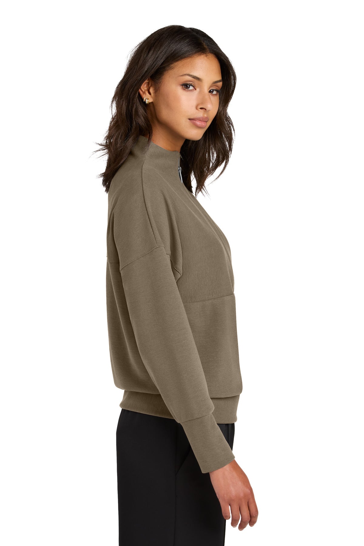 Right View of WarmTaupe Mercer+Mettle Women's Linear Texture 1/4-Zip MM3041 plain