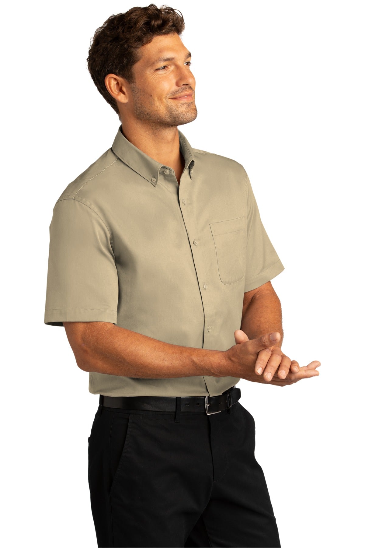 Right View of Wheat Port Authority Short Sleeve SuperPro React Twill Shirt. W809 plain
