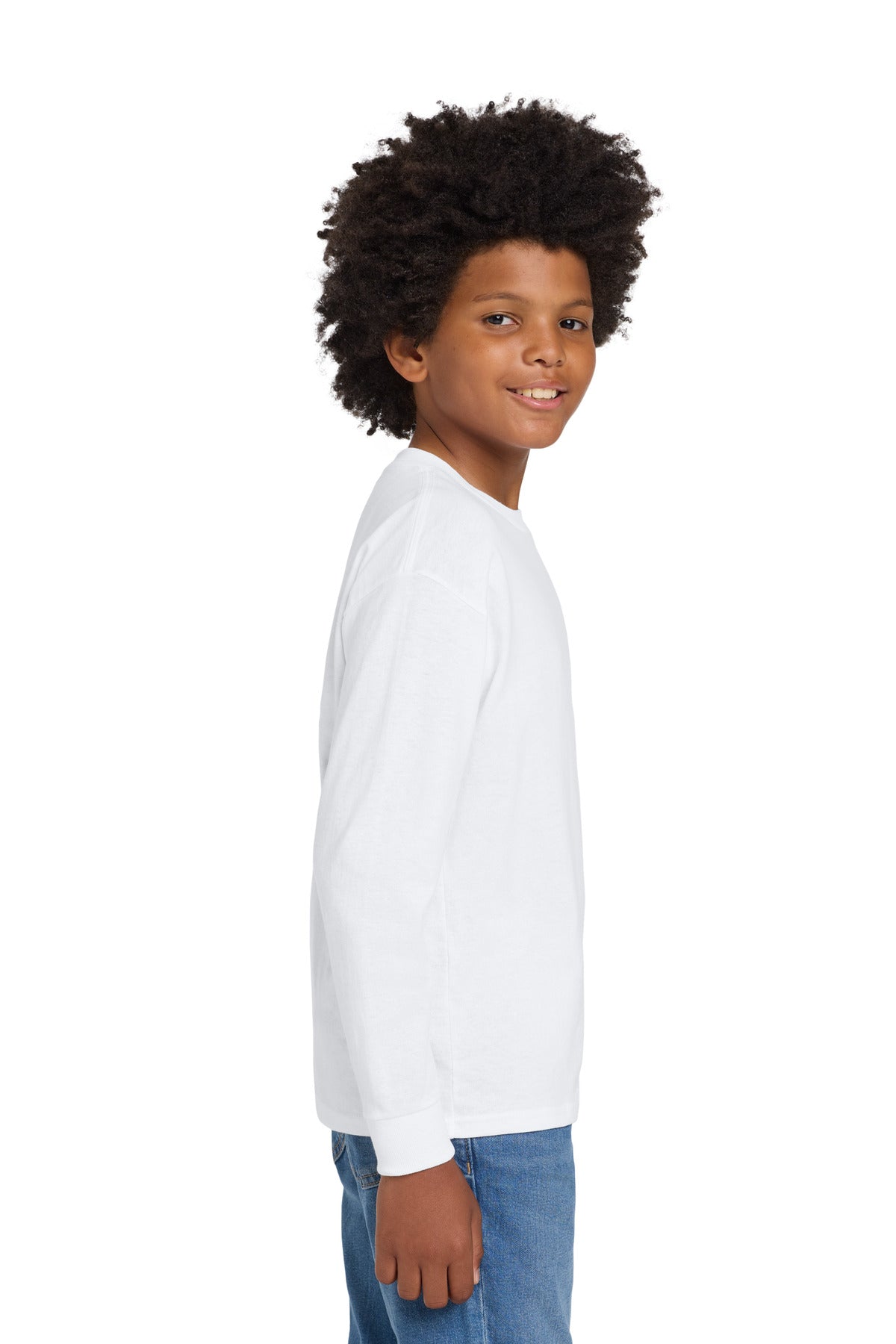 Right View of White Gildan Youth Heavy Cotton 100% Cotton Long Sleeve T-Shirt. 5400B plain