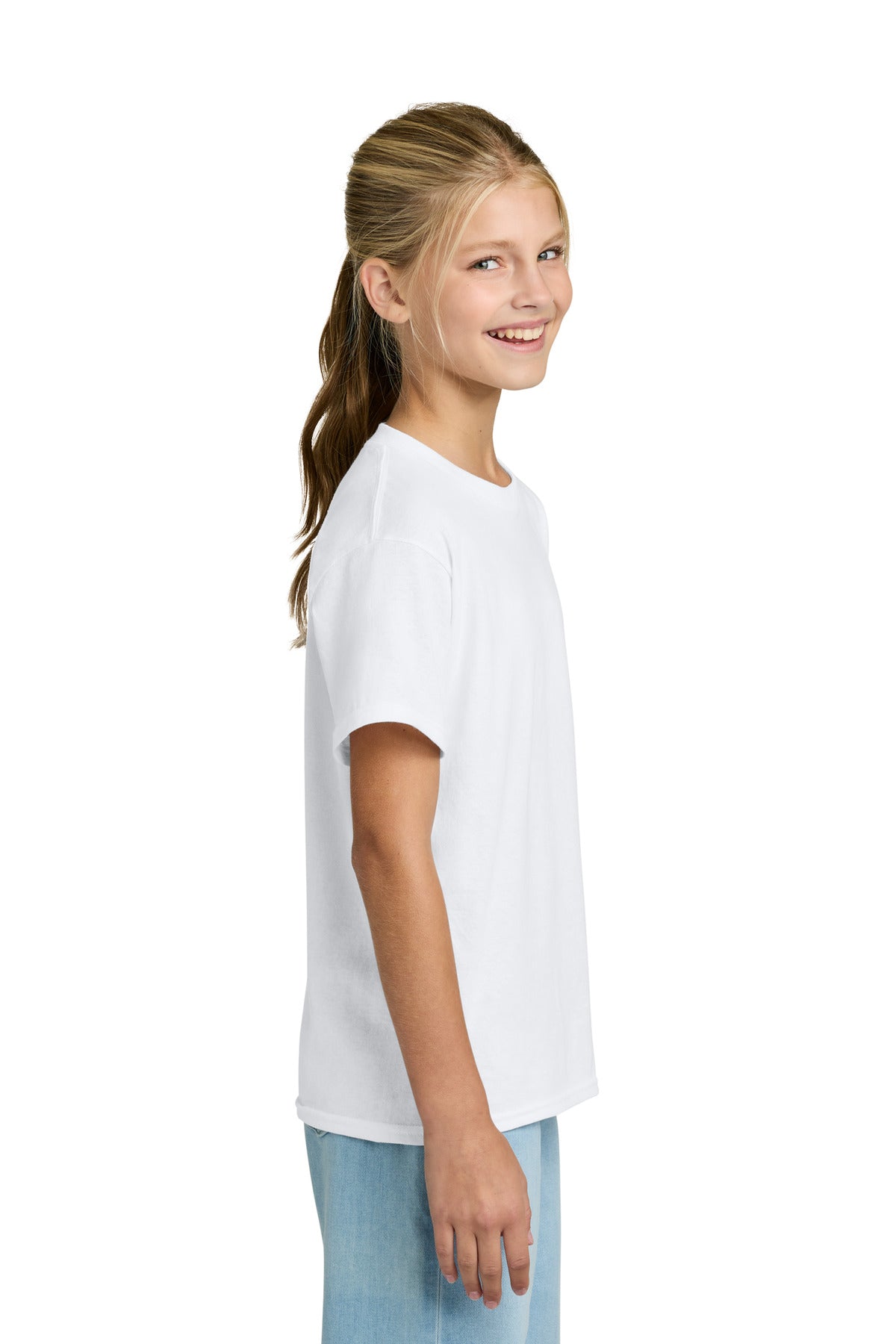 Right View of White Gildan Youth Light Cotton Tee 3000B plain