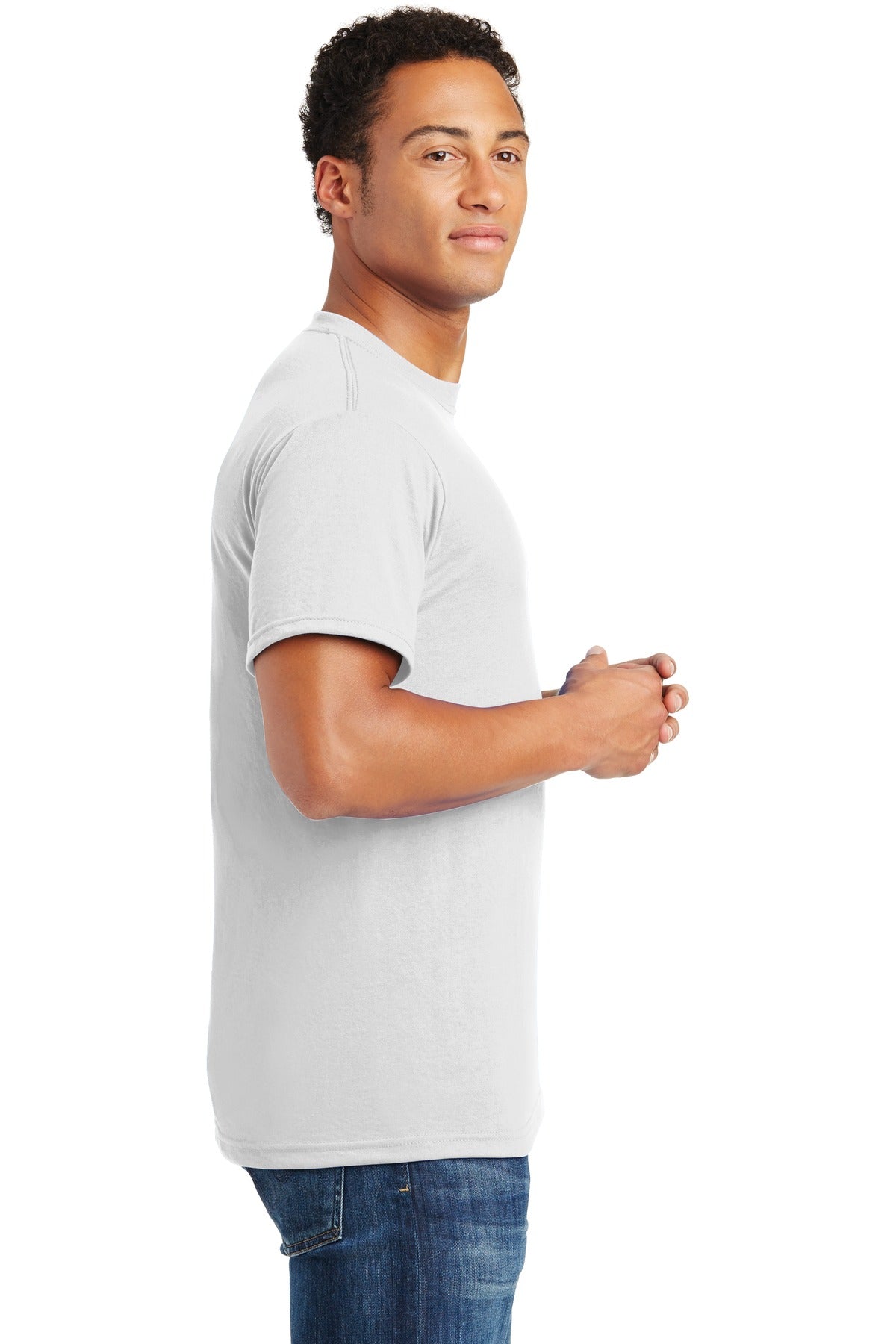 Right View of White Jerzees Dri-Power 100% Polyester T-Shirt. 21M plain