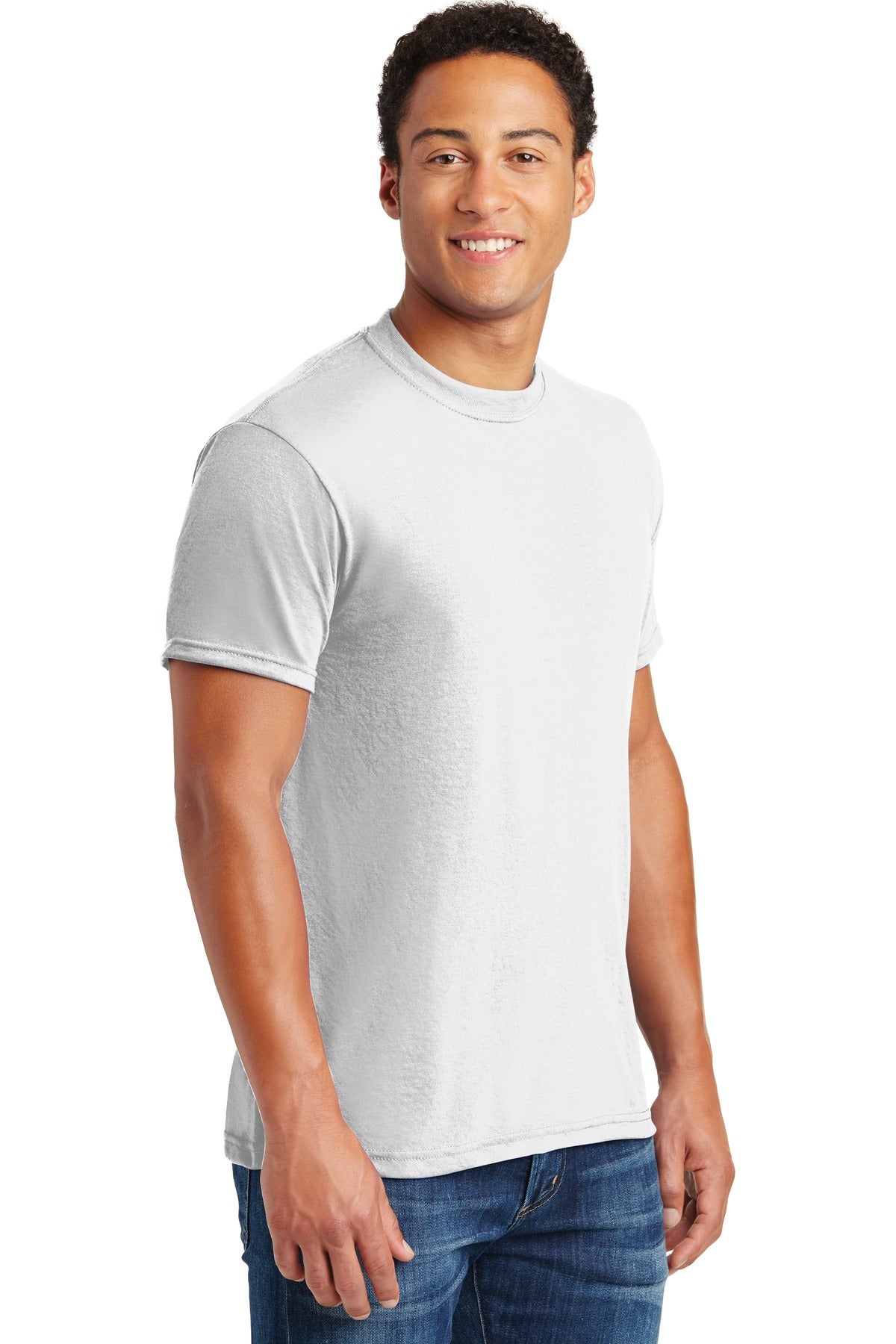 Right View of White Jerzees Dri-Power 100% Polyester T-Shirt. 21M plain