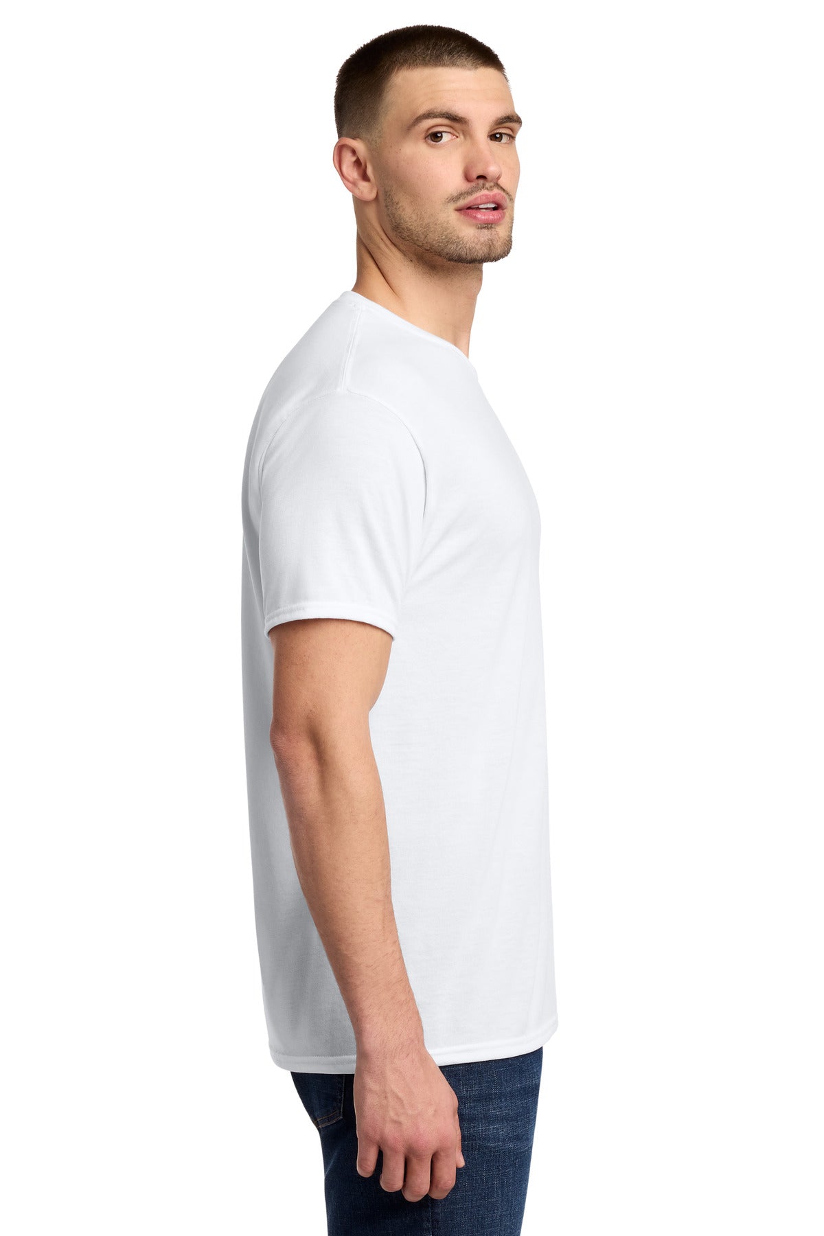 Right View of White Jerzees Dri-Power 100% Polyester T-Shirt. 21M plain