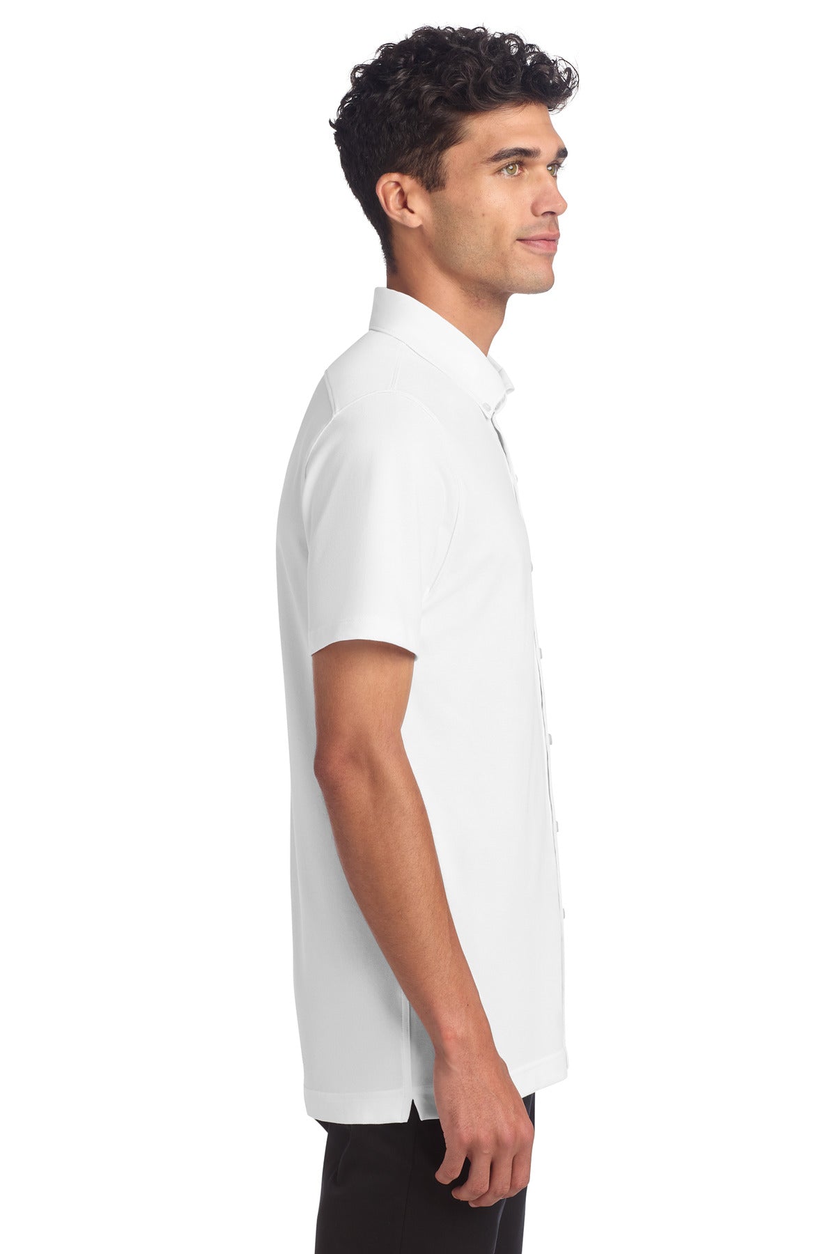 Right View of White Mercer+Mettle Stretch Pique Full-Button Polo MM1006 plain