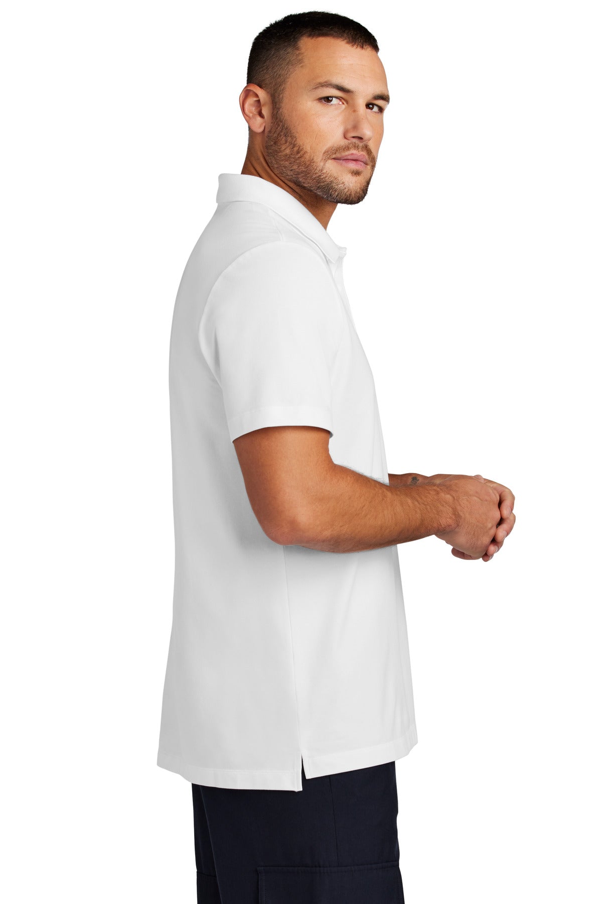 Right View of White Mercer+Mettle Stretch Pique Polo MM1004 plain