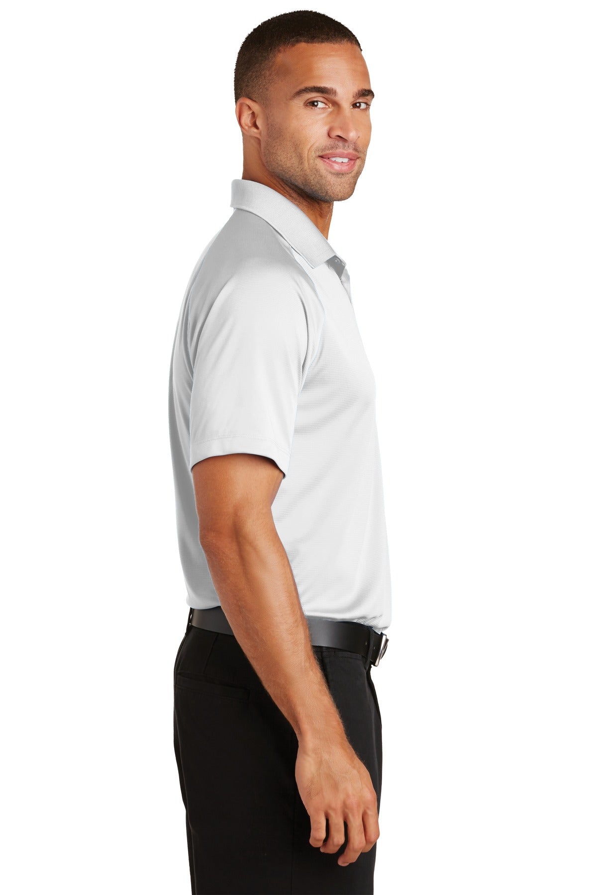 Right View of White Port Authority Crossover Raglan Polo. K575 plain