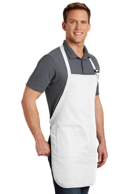 Right View of White Port Authority Full-Length Apron with Pockets. A500 plain