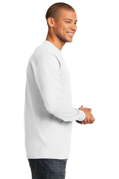 Right View of White Port & Co Long Sleeve Essential Tee. PC61LS plain