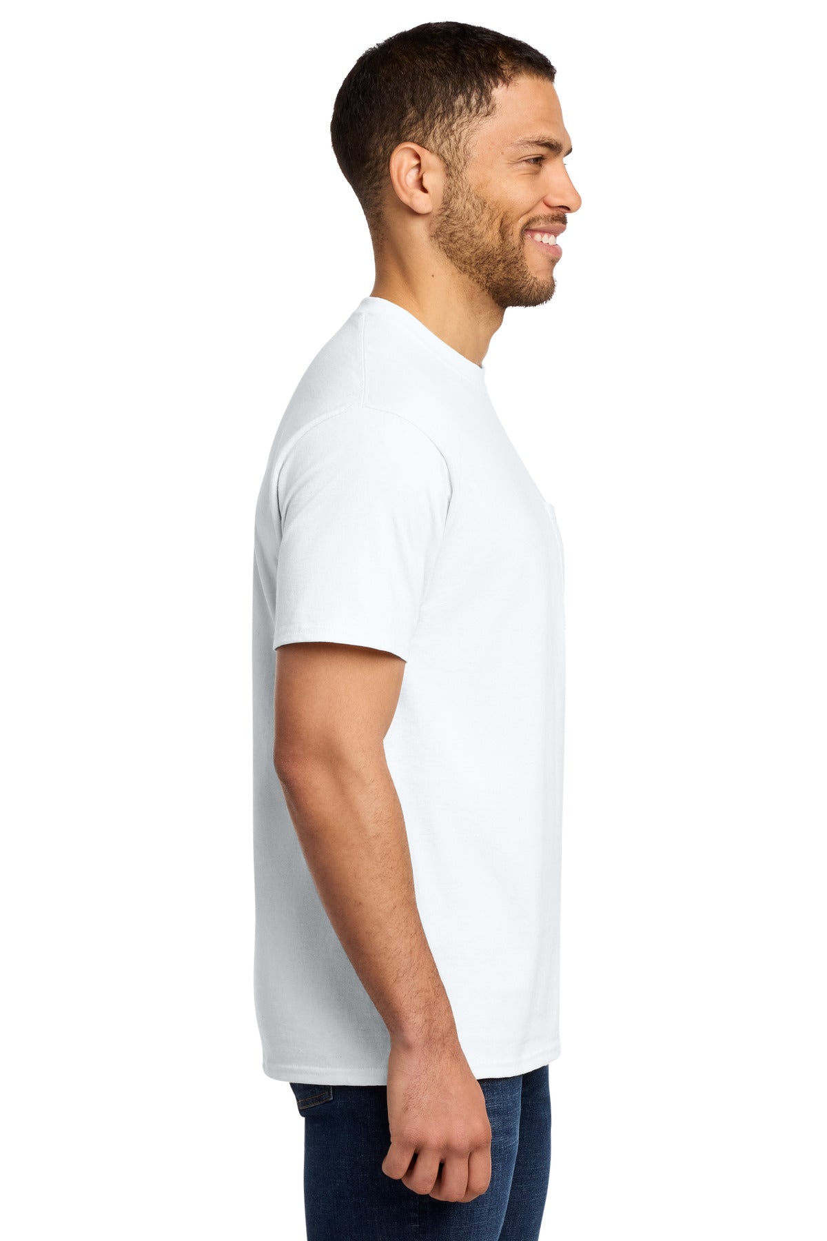 Right View of White Port & Co Tall Essential Pocket Tee. PC61PT plain