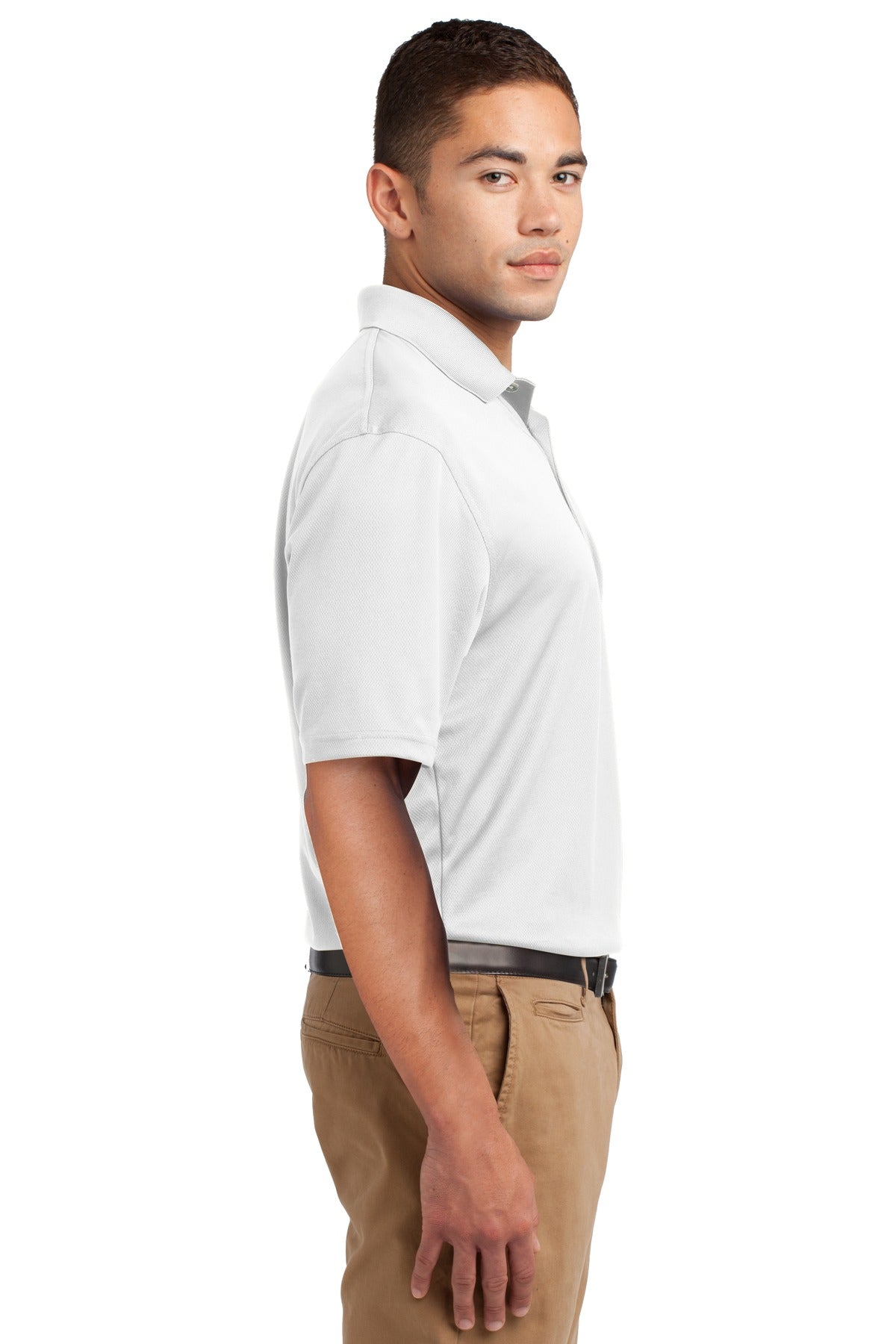 Right View of White Sport-Tek Dri-Mesh Polo. K469 plain