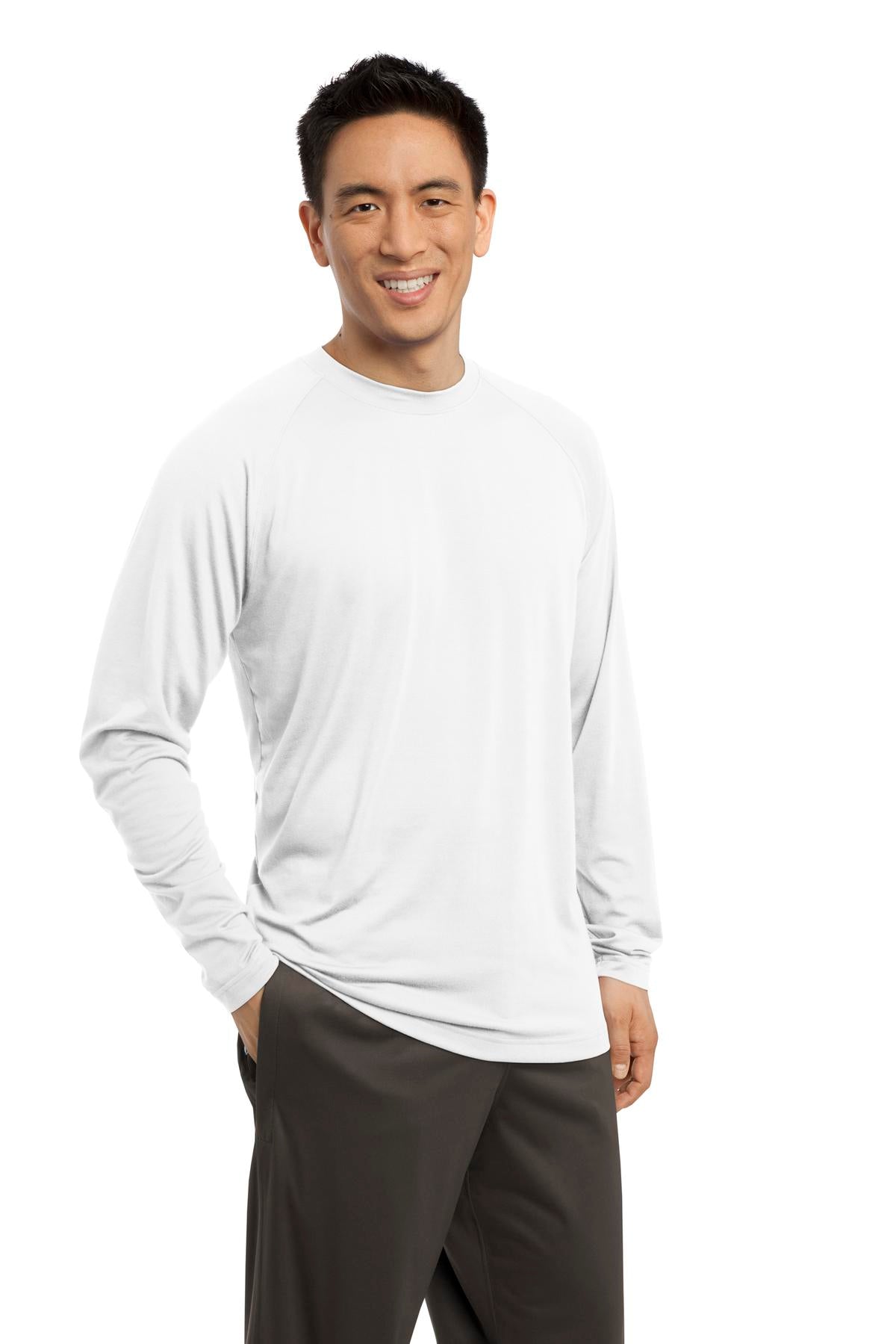 Right View of White Sport-Tek Long Sleeve Ultimate Performance Crew. ST700LS plain