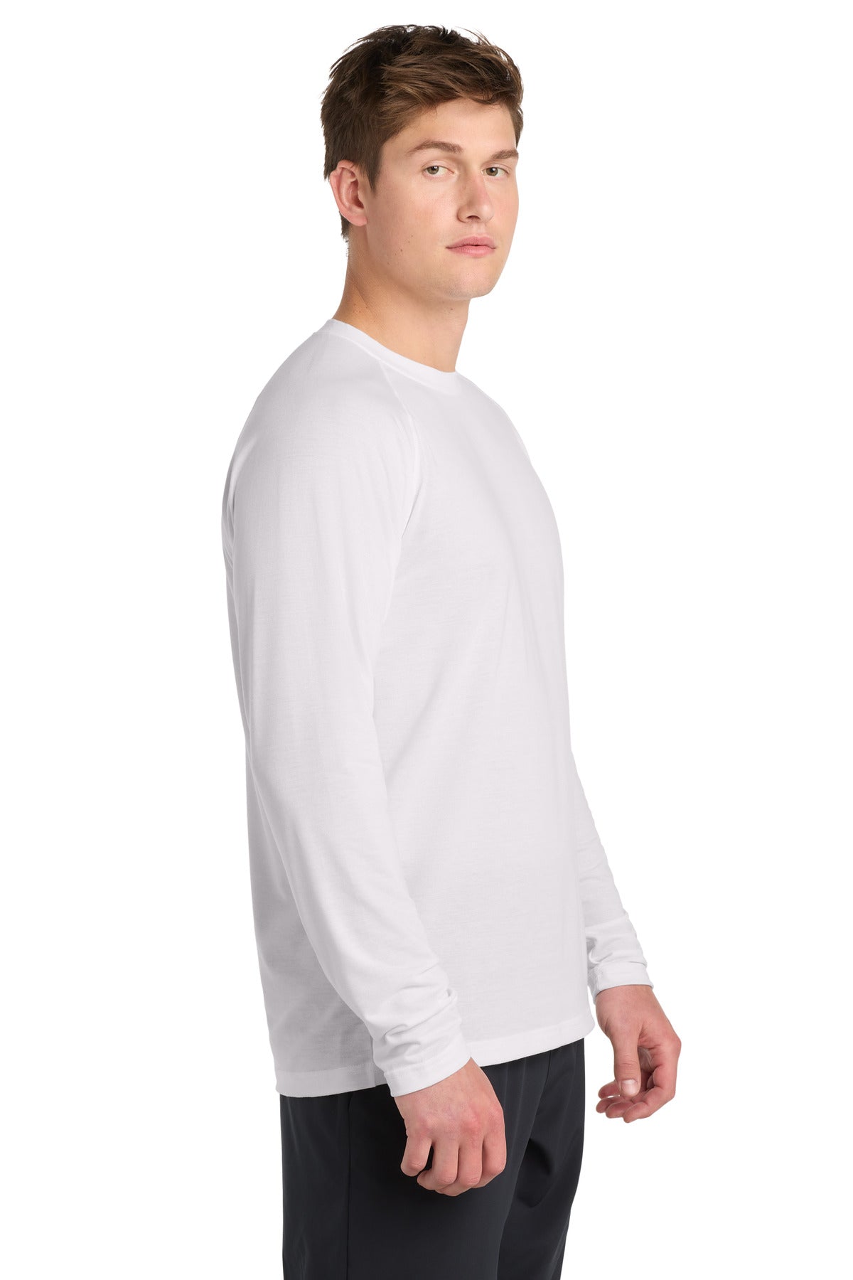 Right View of White Sport-Tek Long Sleeve Ultimate Performance Crew. ST700LS plain