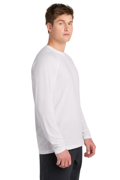 Right View of White Sport-Tek Long Sleeve Ultimate Performance Crew. ST700LS plain