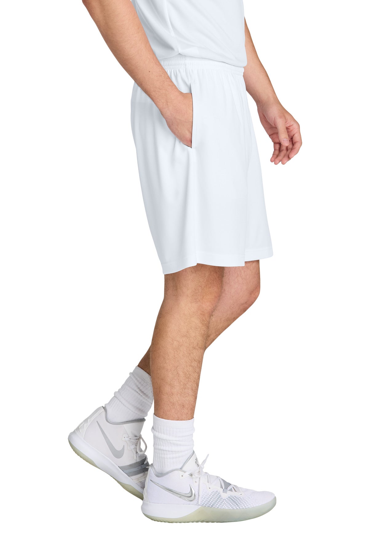 Right View of White Sport-Tek PosiCharge Competitor 7" Pocketed Short ST349P plain