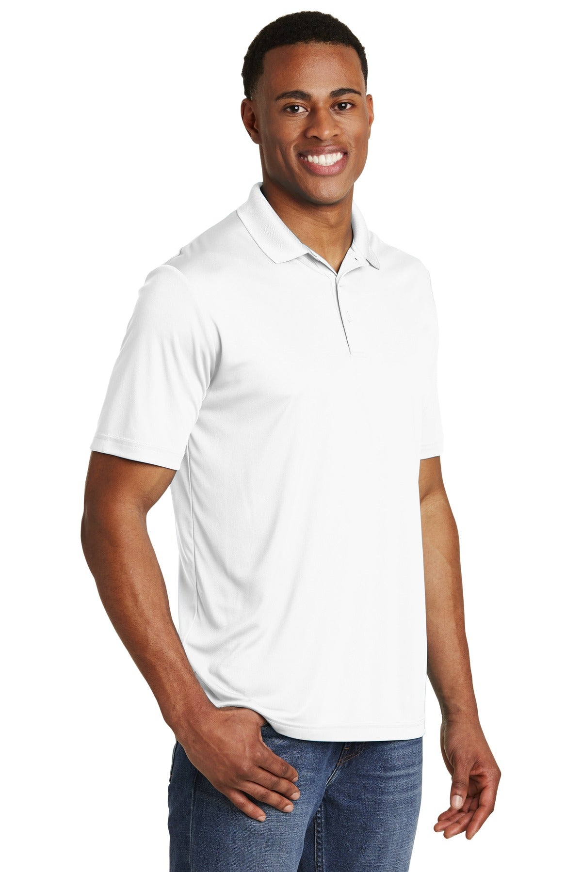 Right View of White Sport-Tek PosiCharge Competitor Polo. ST550 plain