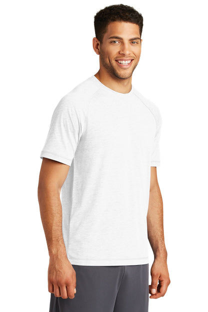 Right View of White Sport-Tek PosiCharge Tri-Blend Wicking Raglan Tee. ST400 plain