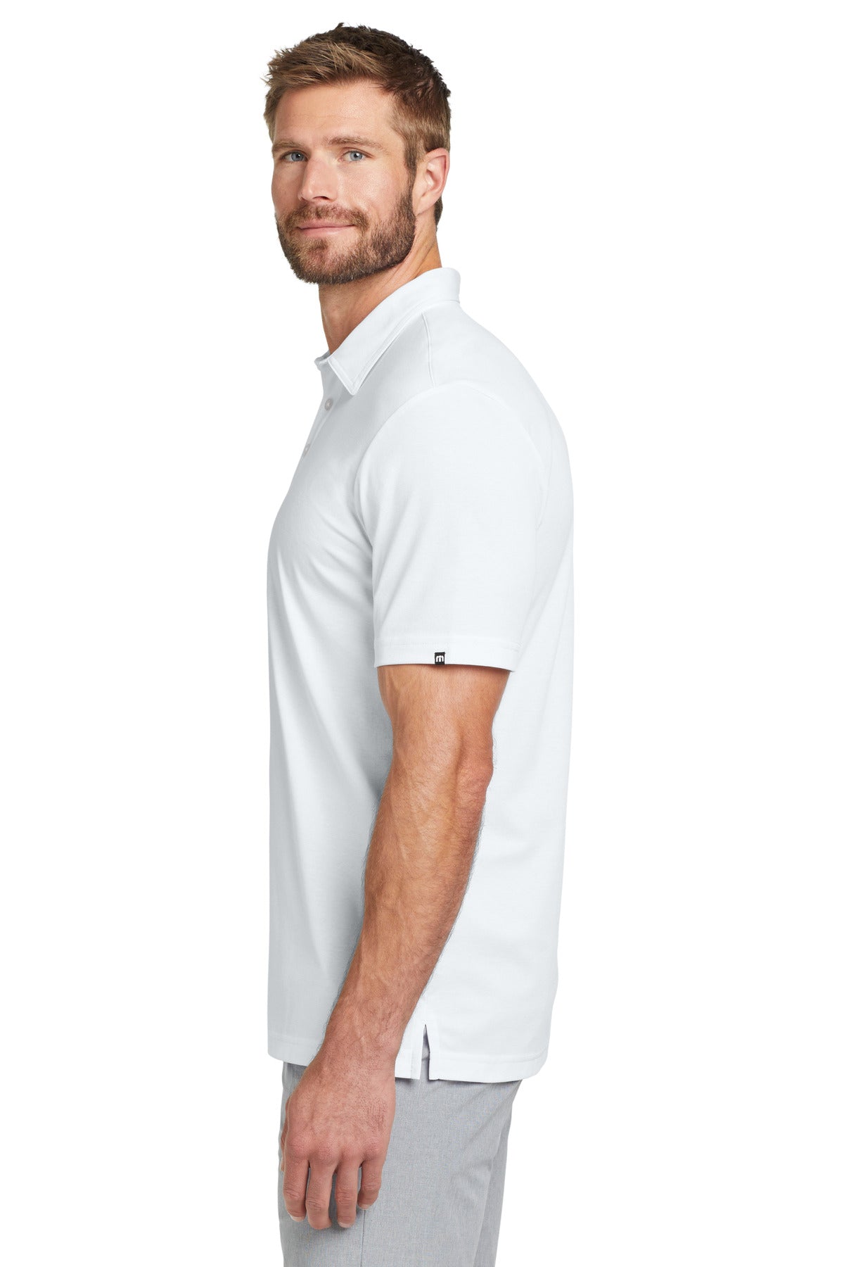 Right View of White TravisMathew Oceanside Solid Polo. TM1MU411 plain