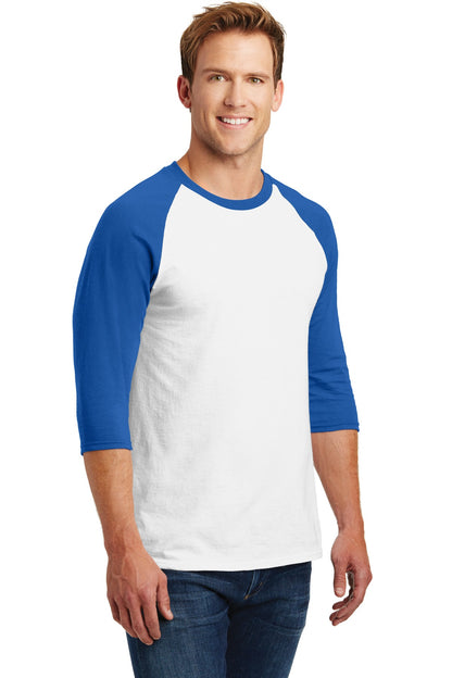 Right View of White/Royal Gildan Heavy Cotton 3/4-Sleeve Raglan T-Shirt. 5700 plain