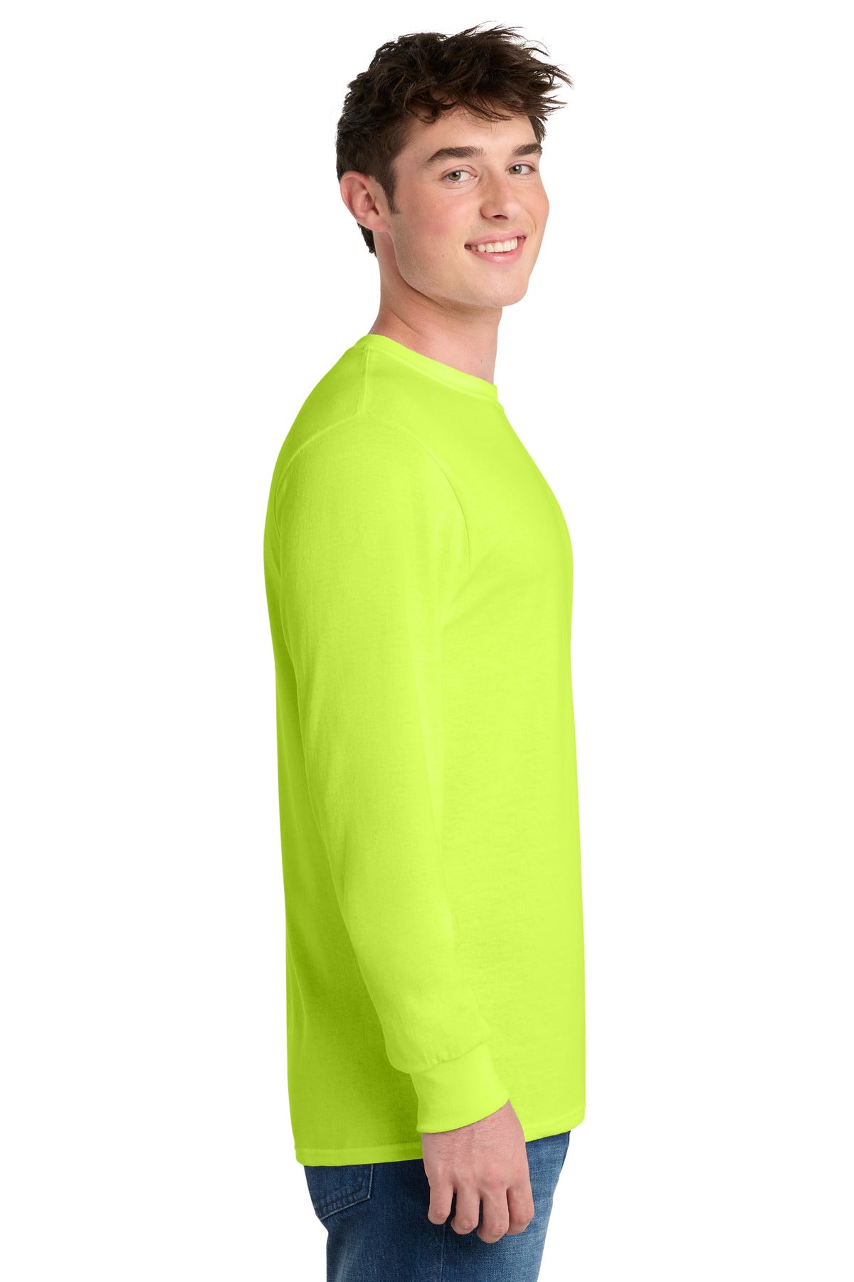 Safety Green Port & Co Tall Long Sleeve Core Blend Tee. PC55LST plain