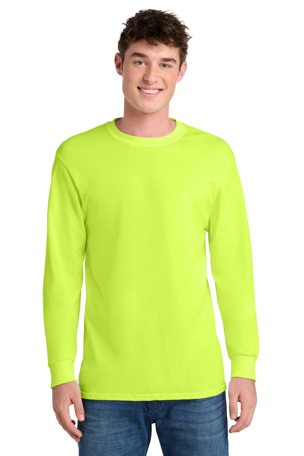 Safety Green Port & Co Tall Long Sleeve Core Blend Tee. PC55LST plain