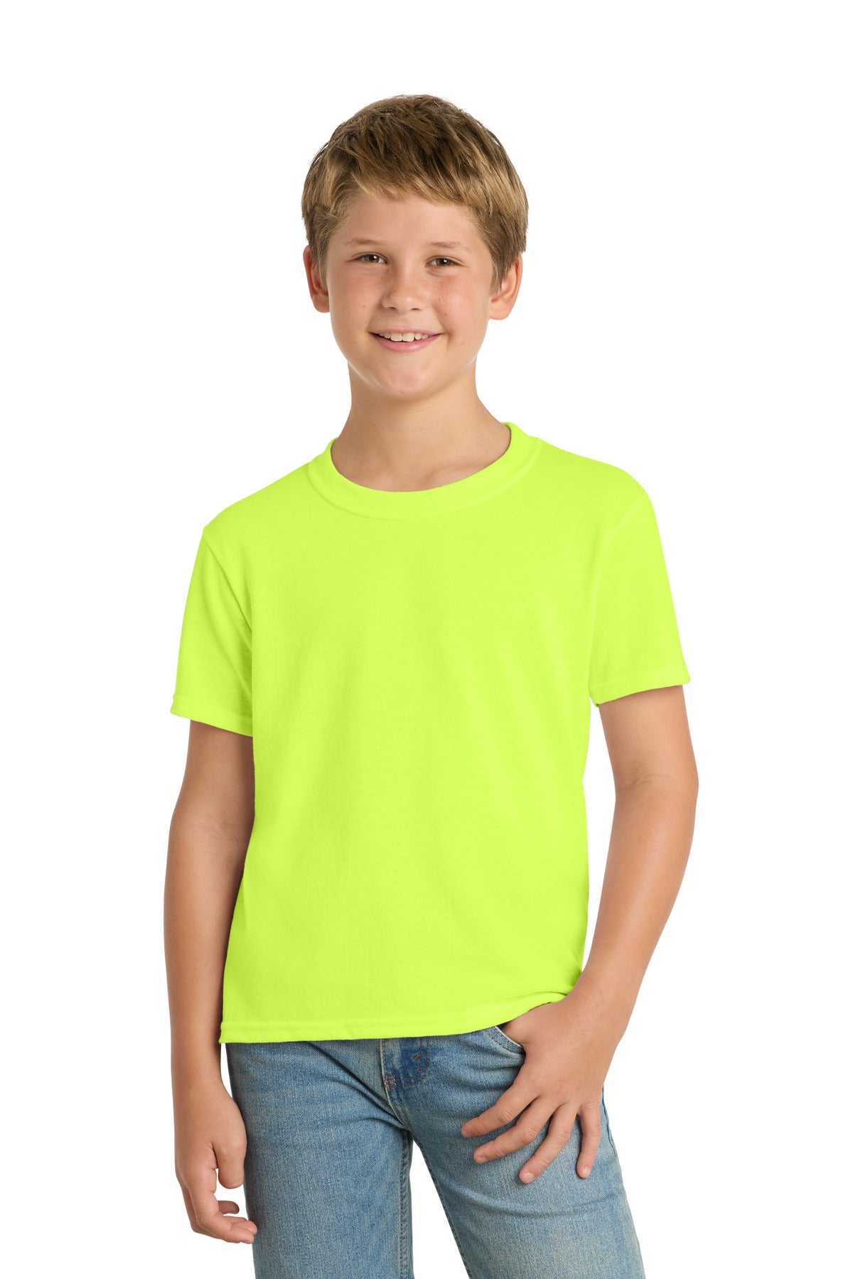 Safety Green Port & Co Youth Core Blend Tee. PC55Y plain