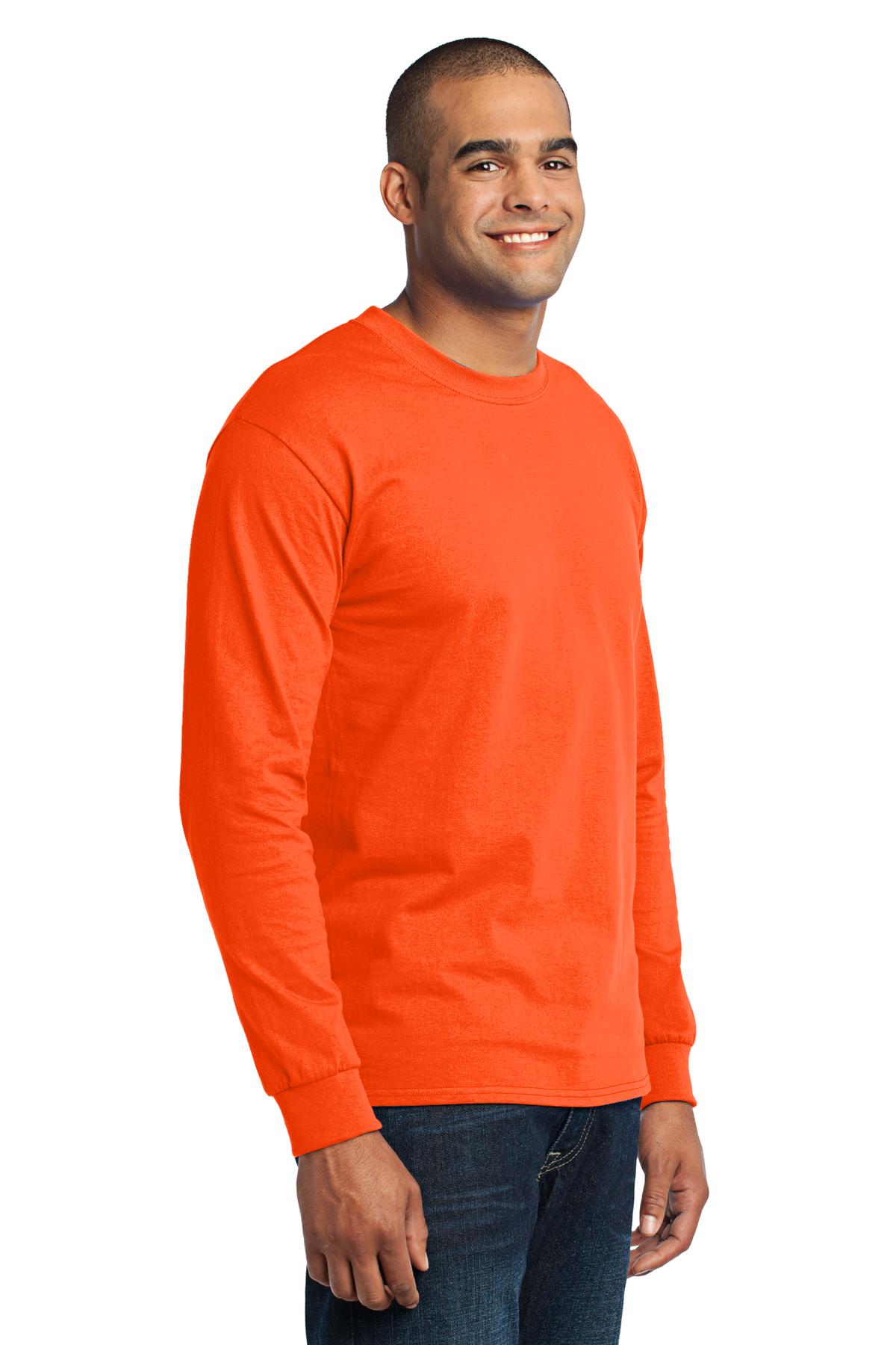 Safety Orange Port & Co Tall Long Sleeve Core Blend Tee. PC55LST plain