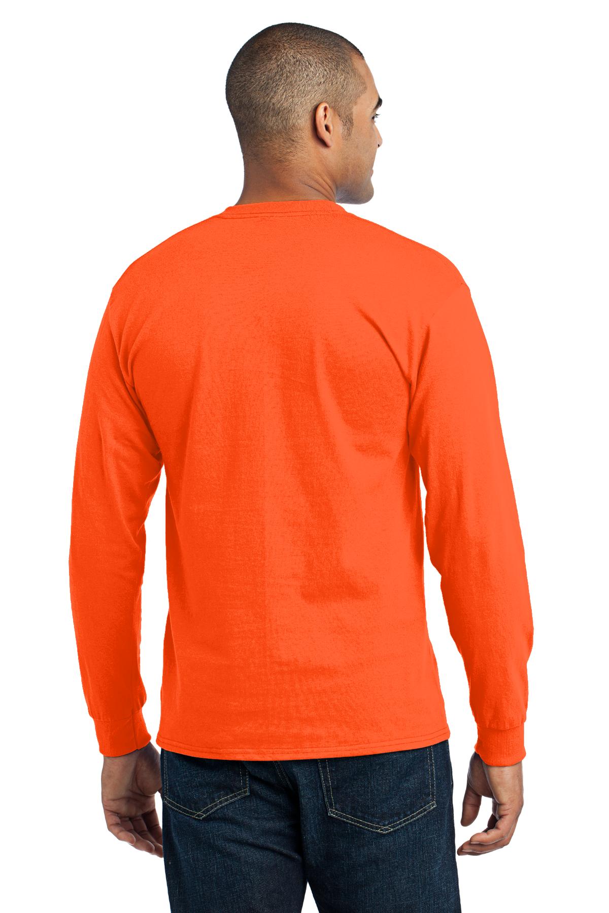 Safety Orange Port & Co Tall Long Sleeve Core Blend Tee. PC55LST plain