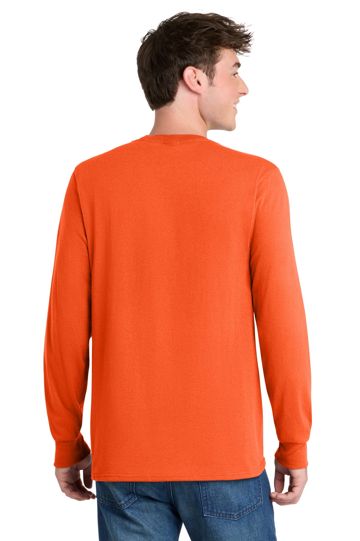 Safety Orange Port & Co Tall Long Sleeve Core Blend Tee. PC55LST plain