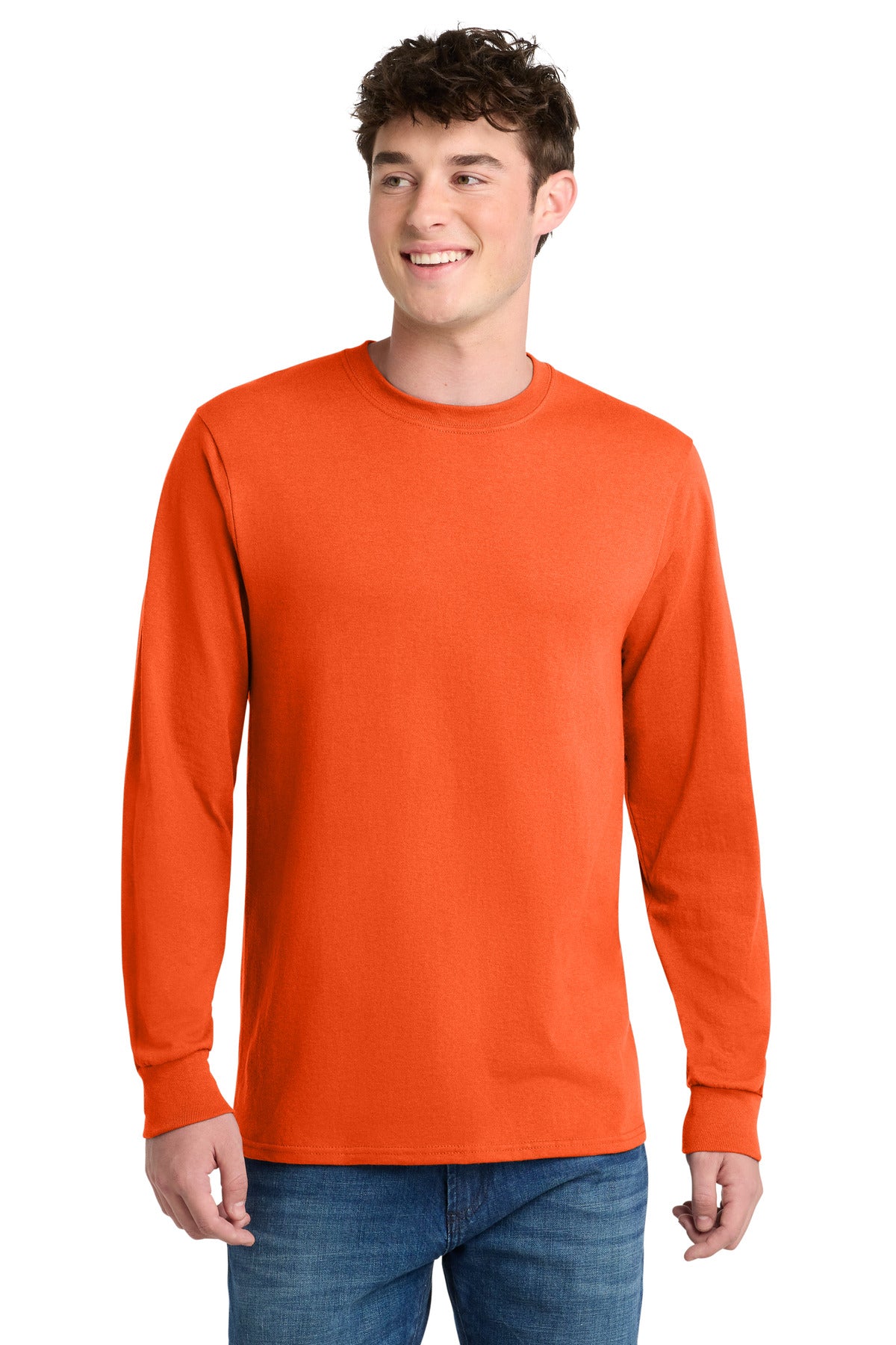 Safety Orange Port & Co Tall Long Sleeve Core Blend Tee. PC55LST plain