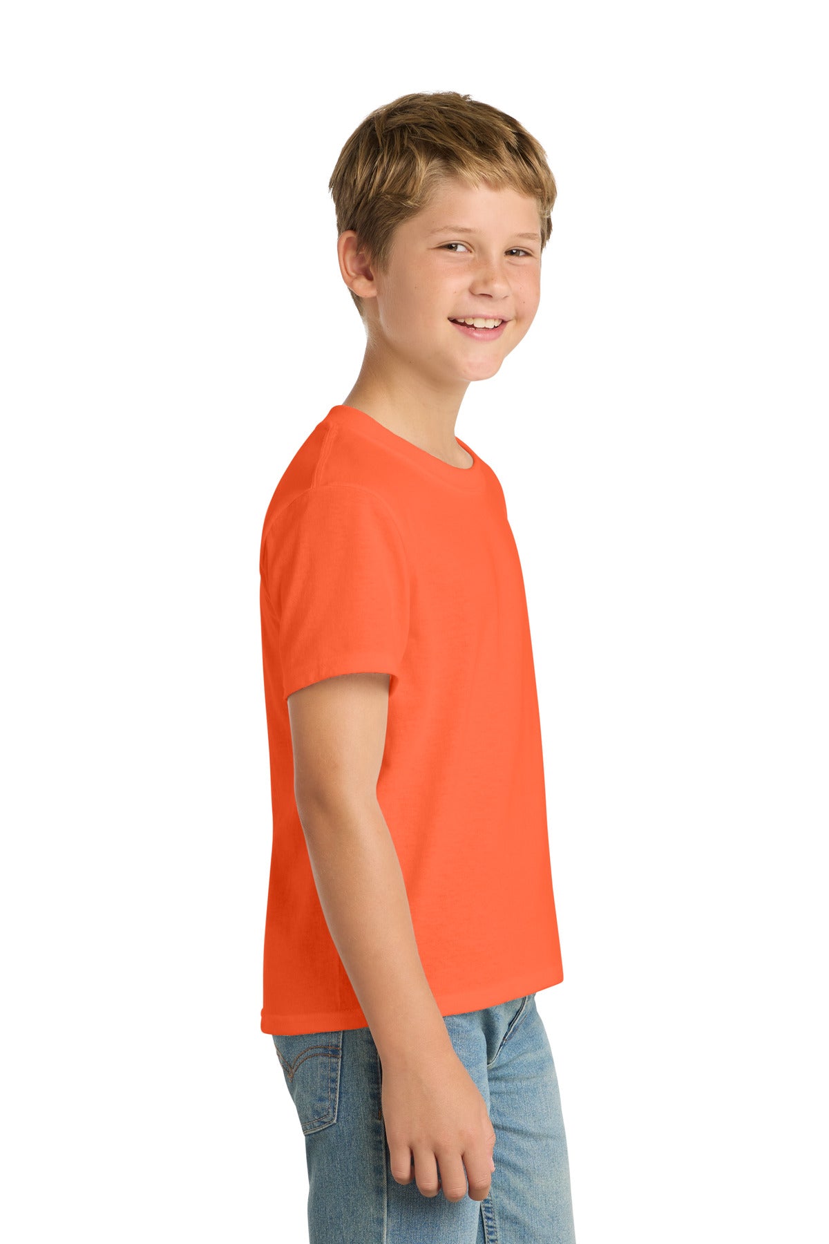 Safety Orange Port & Co Youth Core Blend Tee. PC55Y plain
