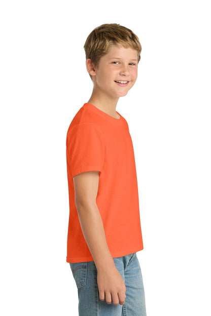 Safety Orange Port & Co Youth Core Blend Tee. PC55Y plain