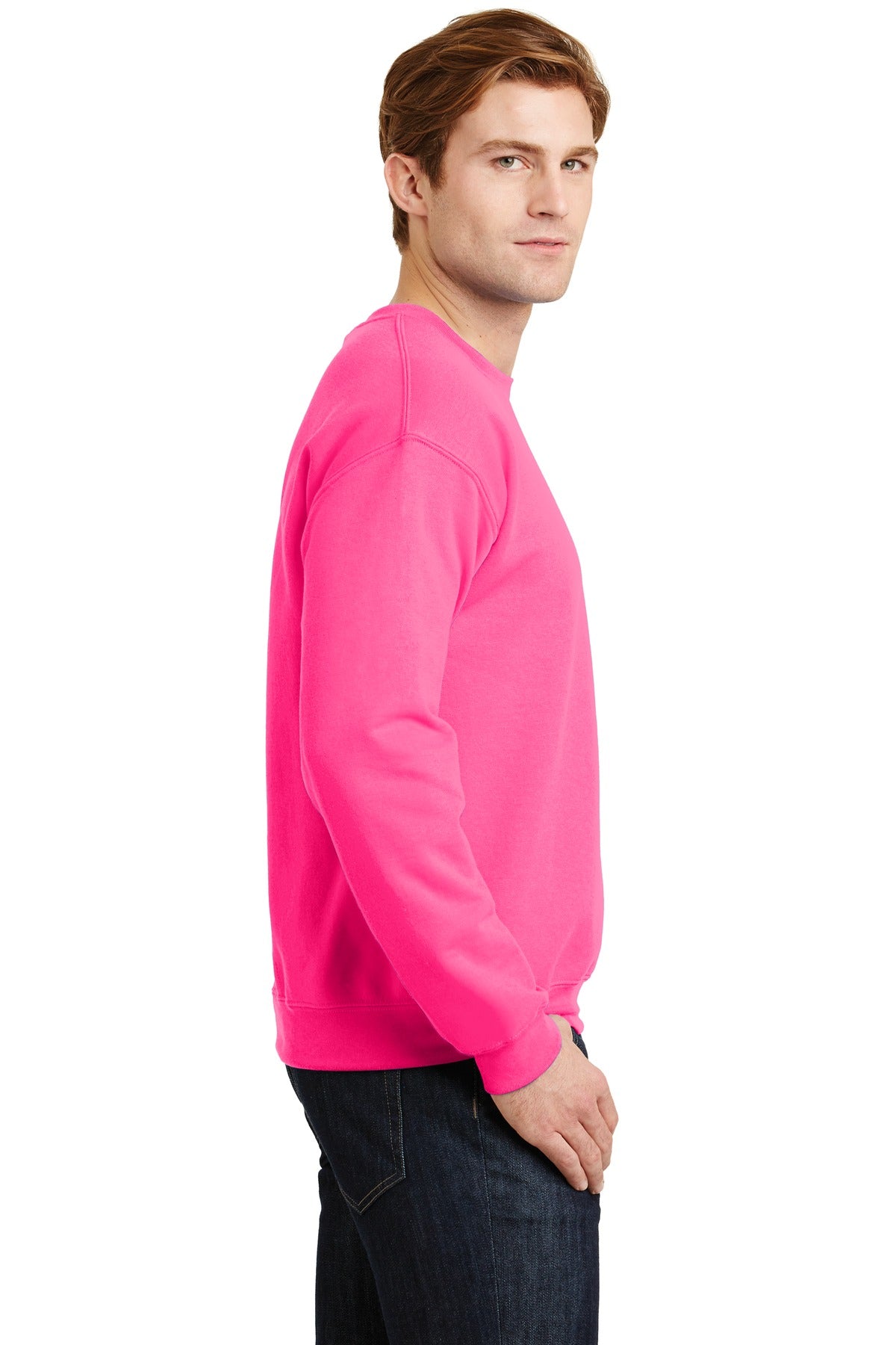 Safety Pink Gildan Heavy Blend Crewneck Sweatshirt. 18000 plain