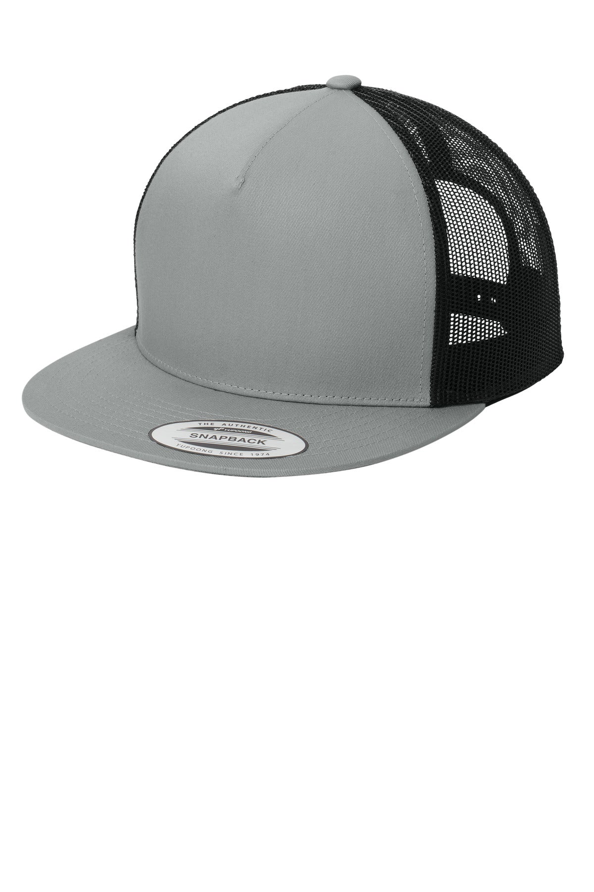 Silver/Blk Sport-Tek YP Classics 5-Panel Classic Trucker Mesh Back Cap. STC38