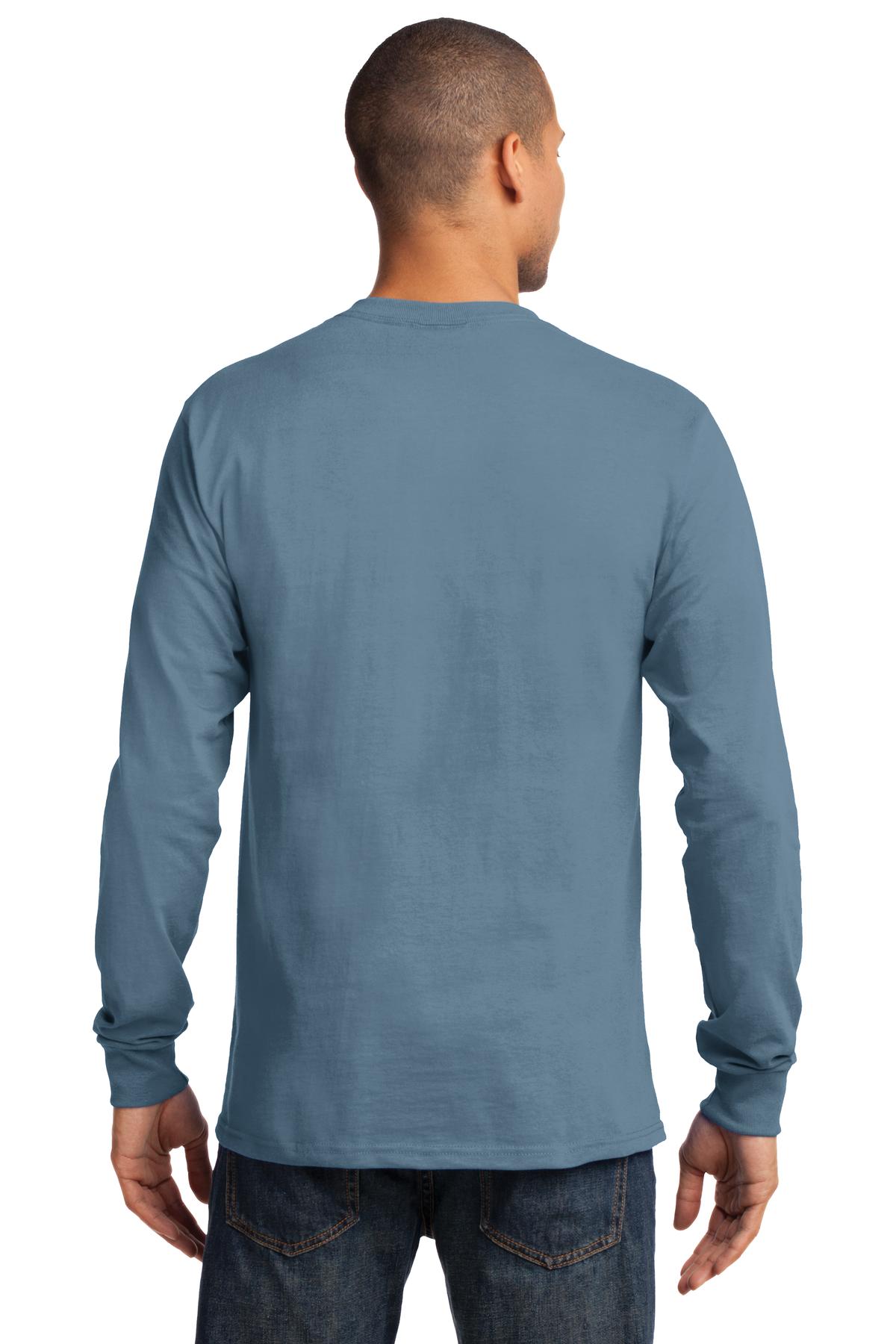 Stonewash Blue Port & Co Long Sleeve Essential Tee. PC61LS plain
