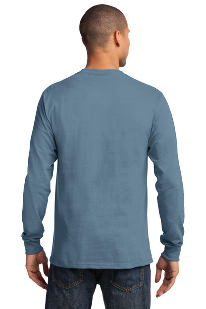 Stonewash Blue Port & Co Long Sleeve Essential Tee. PC61LS plain