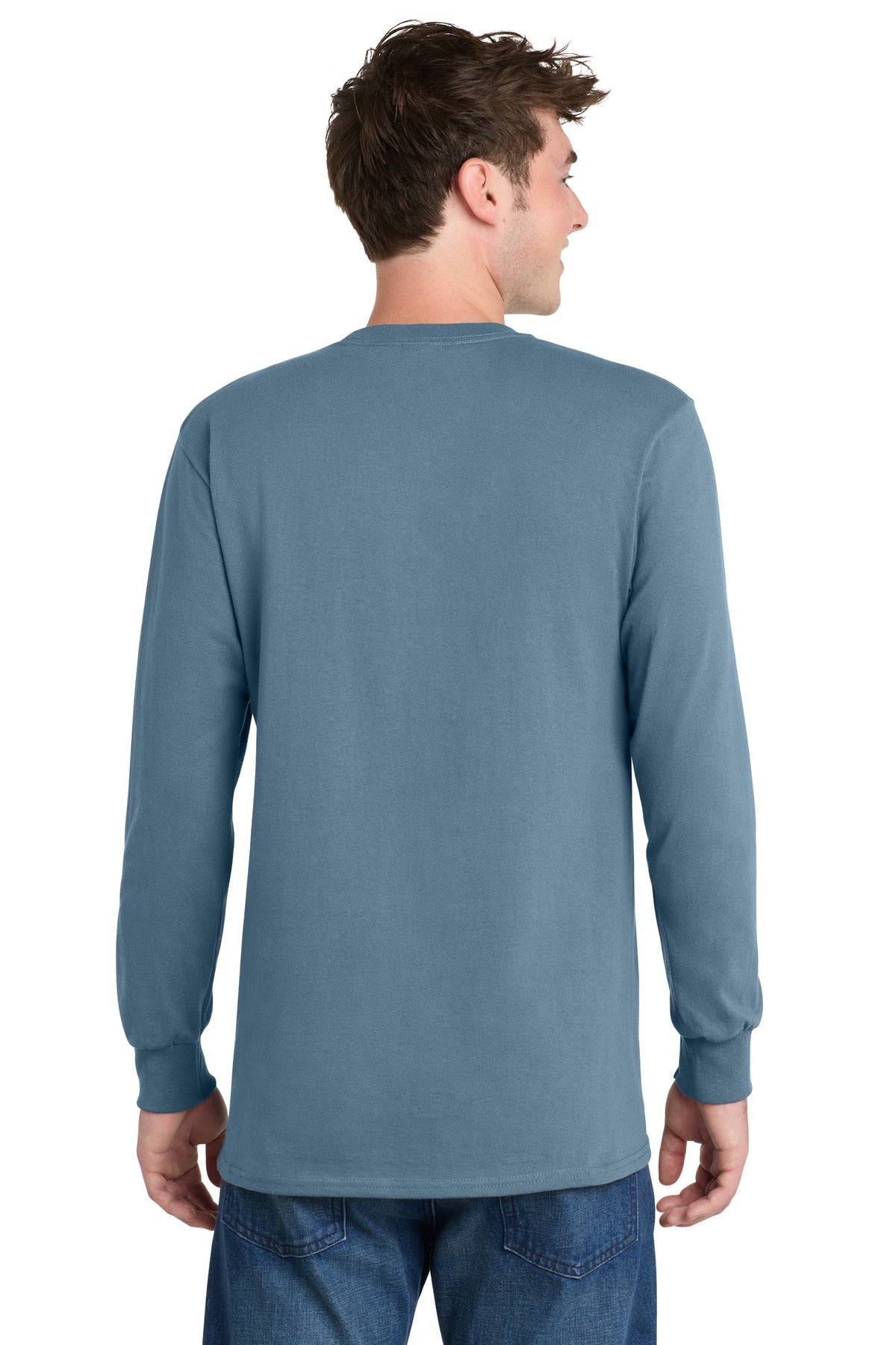 Stonewash Blue Port & Co Long Sleeve Essential Tee. PC61LS plain