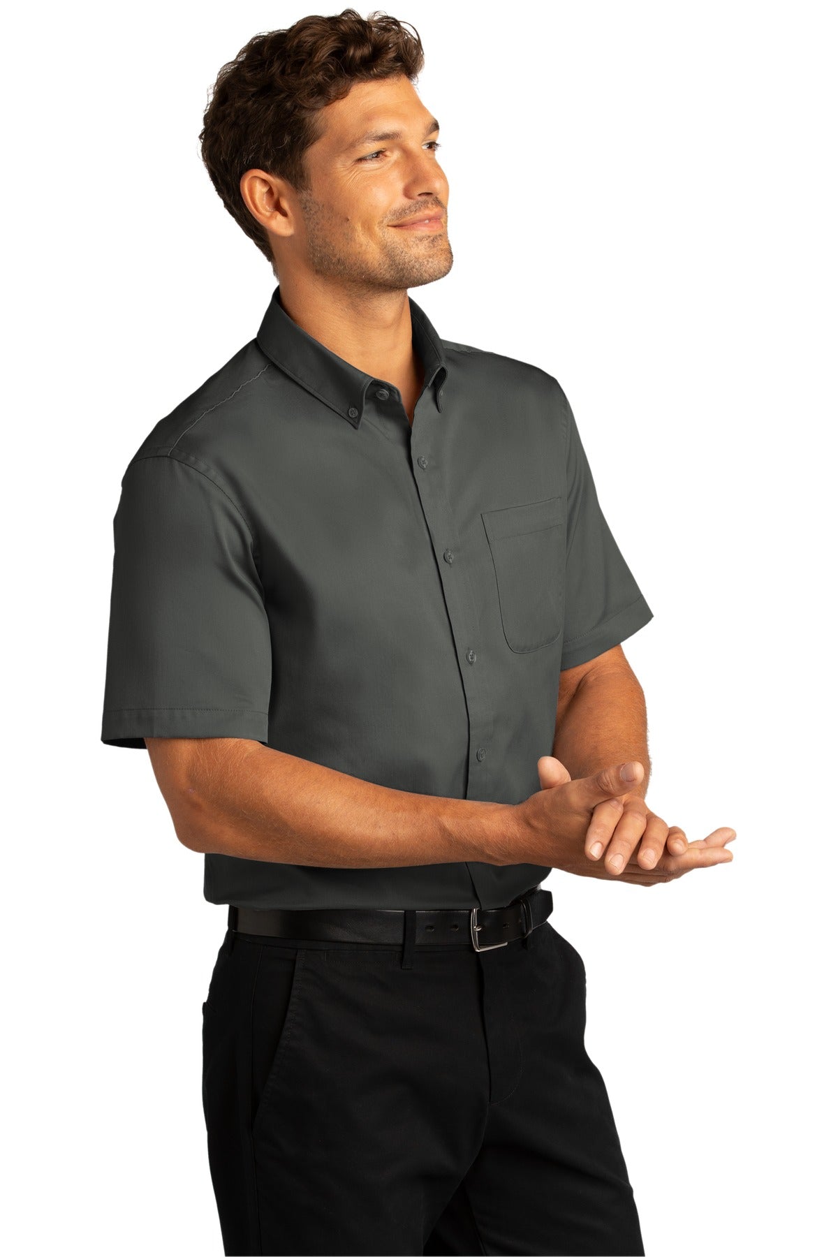 StormGrey Port Authority Short Sleeve SuperPro React Twill Shirt. W809 plain