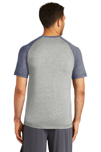 Tr Navy He/LGH Sport-Tek PosiCharge Tri-Blend Wicking Raglan Tee. ST400 plain