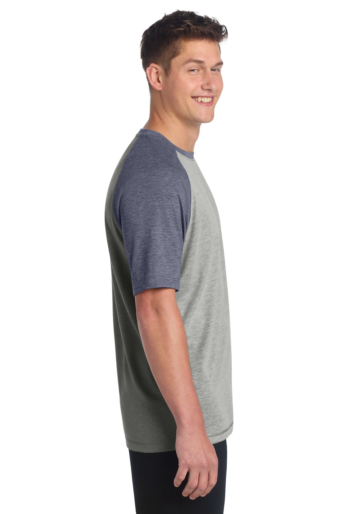 Tr Navy He/LGH Sport-Tek PosiCharge Tri-Blend Wicking Raglan Tee. ST400 plain