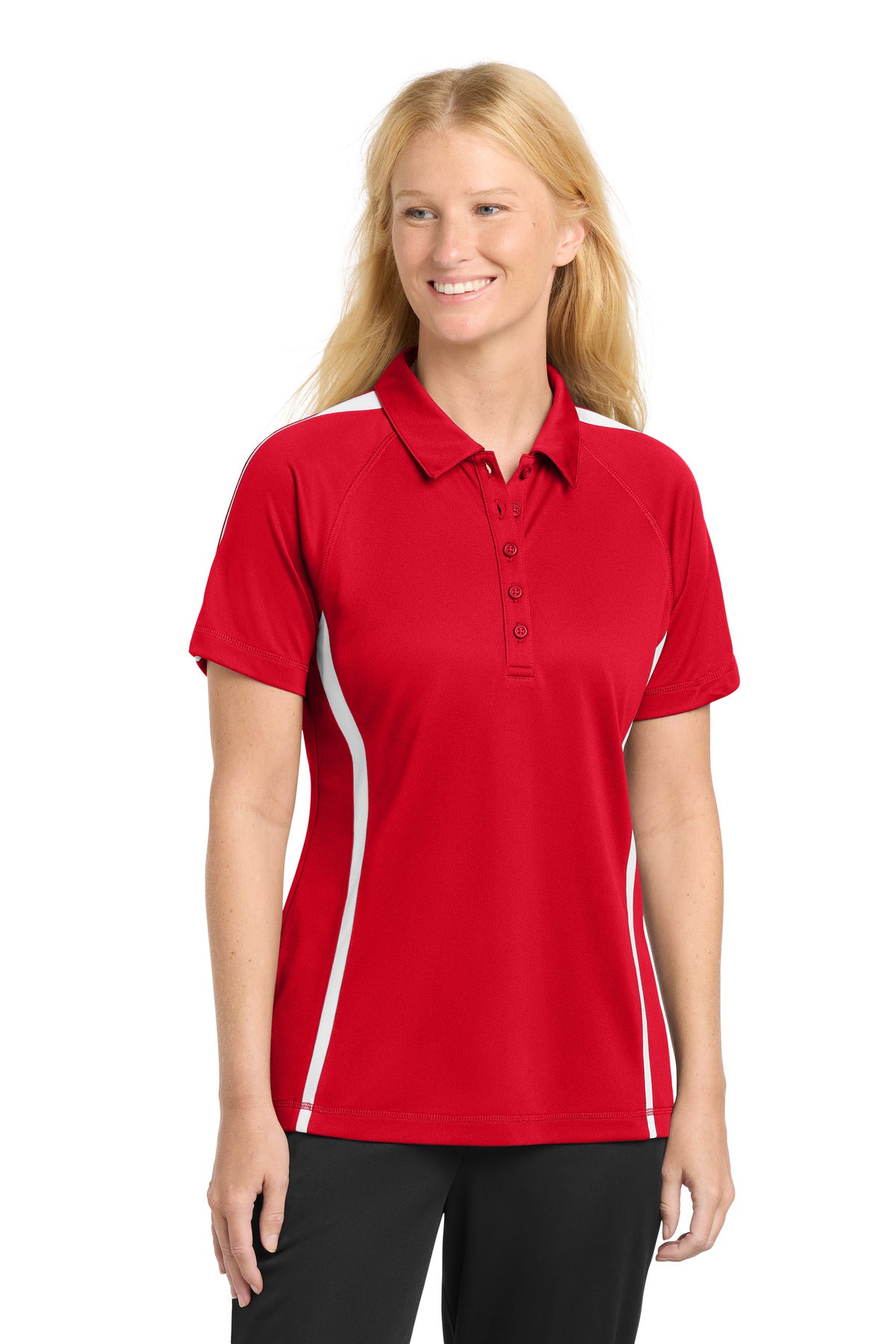 Tr Red/White Sport-Tek Women's PosiCharge Micro-Mesh Colorblock Polo. LST685 plain