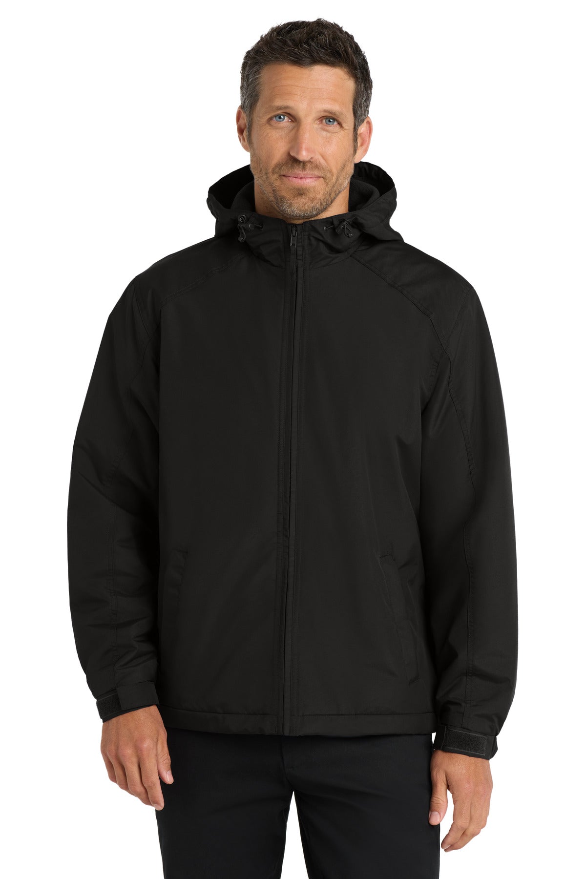 True Black Port Authority Hooded Charger Jacket. J327 plain