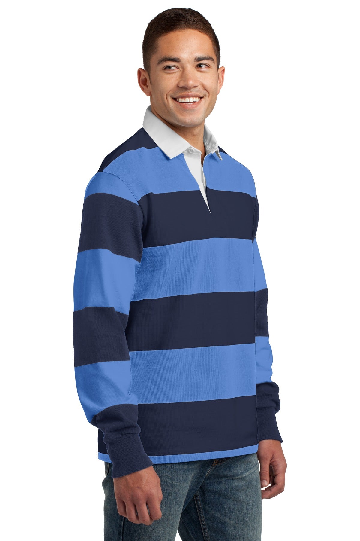 True Navy/CaBl Sport-Tek Classic Long Sleeve Rugby Polo. ST301 plain
